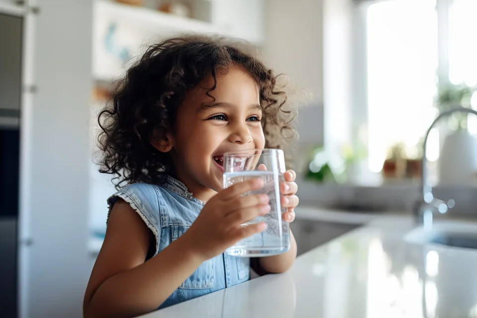 Child enjoying a glass of water at home